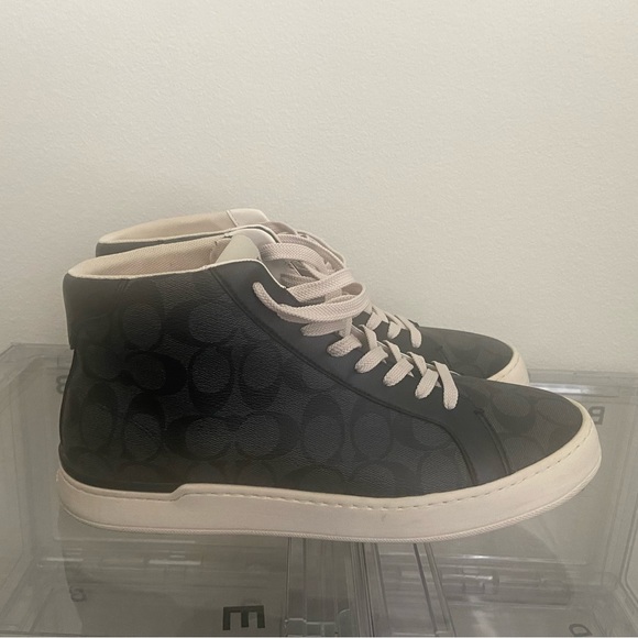 Coach high-top sneaker.  Black upper with print and white sole. - Picture 1 of 4